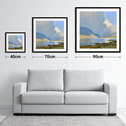 Sunlit Storm Cloud Over the Lake - size guide showing 40cm, 70cm and 90cm art prints
