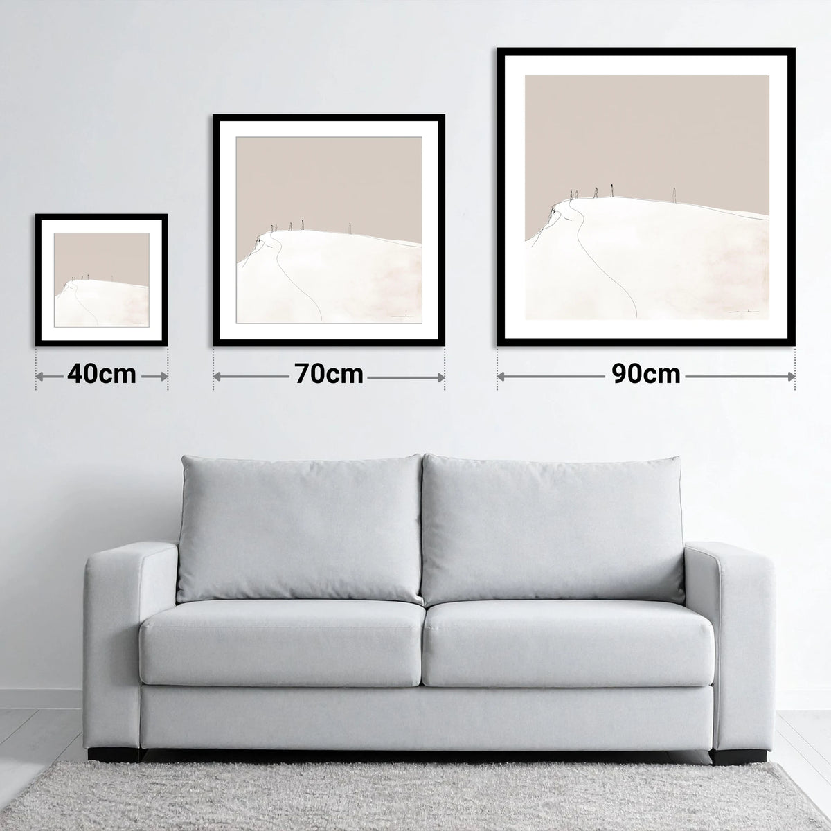 Distant Hikers on a Fell - size guide showing 40cm, 70cm and 90cm art prints