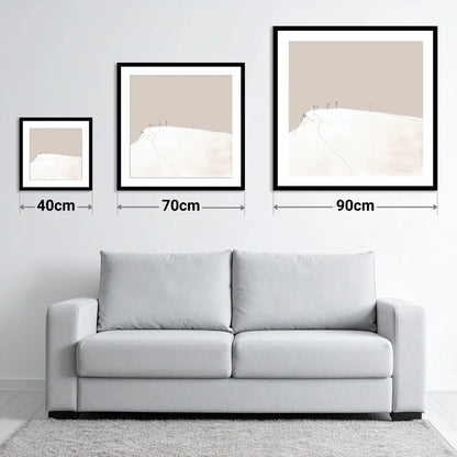 Distant Hikers on a Fell - size guide showing 40cm, 70cm and 90cm art prints