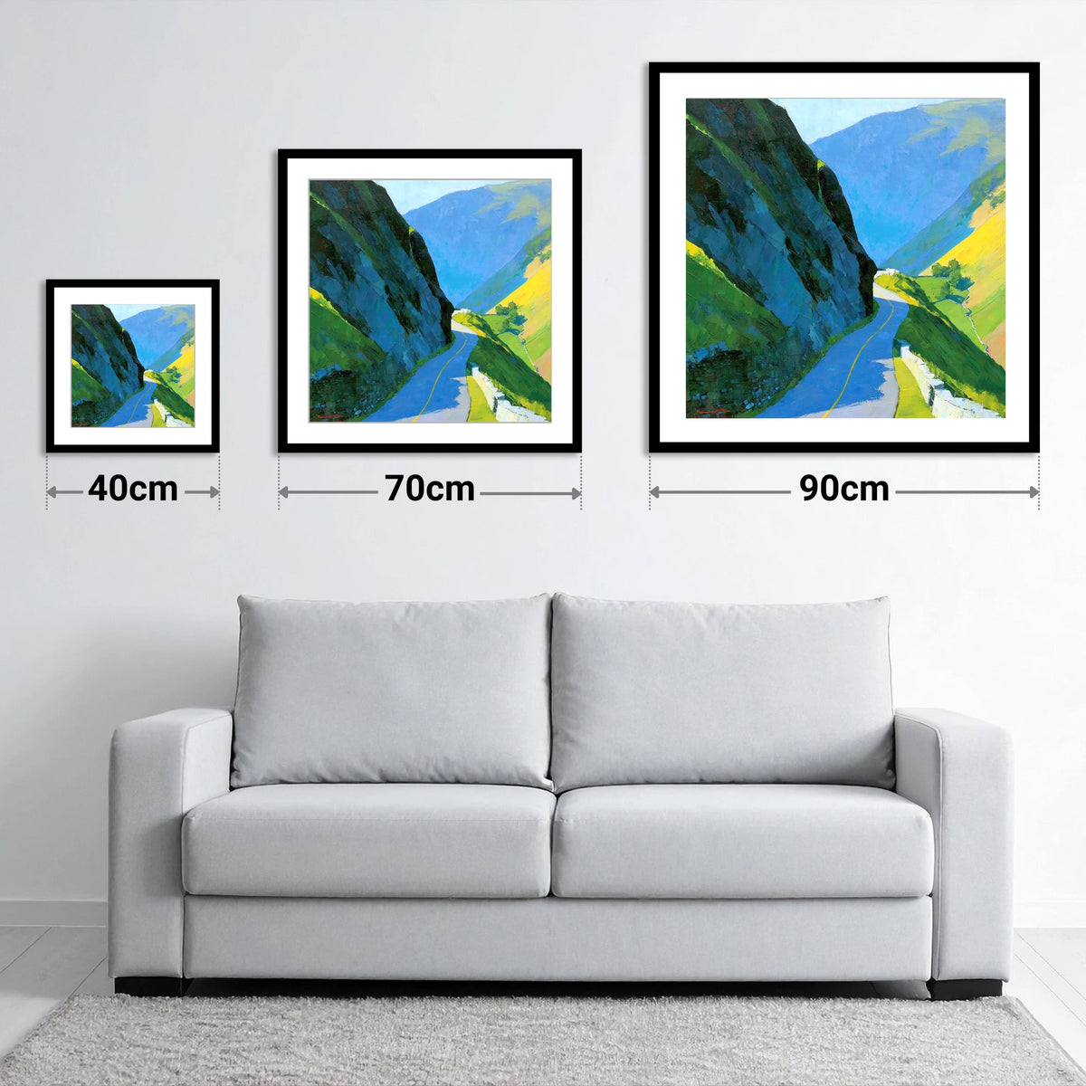 Honister Pass in Vivid Sunlight - size guide showing 40cm, 70cm and 90cm art prints