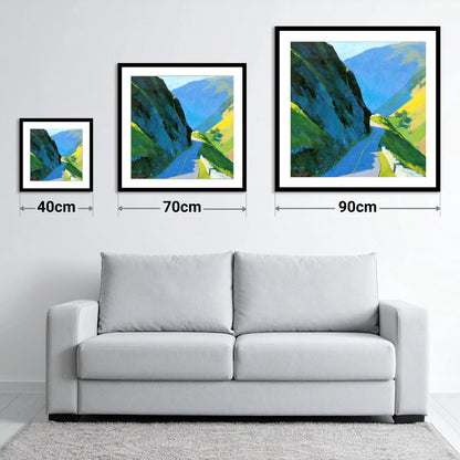 Honister Pass in Vivid Sunlight - size guide showing 40cm, 70cm and 90cm art prints