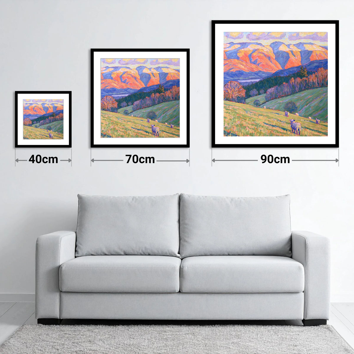 Hawkshead Pastures in Radiant Light - size guide showing 40cm, 70cm and 90cm art prints