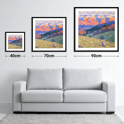Hawkshead Pastures in Radiant Light - size guide showing 40cm, 70cm and 90cm art prints