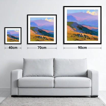 Sunlit Summit and Purple Fells - size guide showing 40cm, 70cm and 90cm art prints