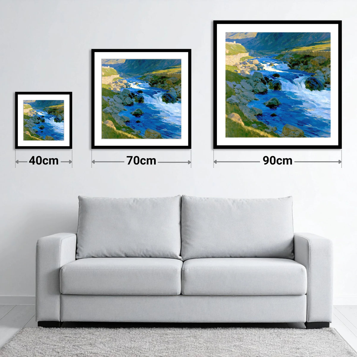 Vibrant Blue Fellside Beck - size guide showing 40cm, 70cm and 90cm art prints