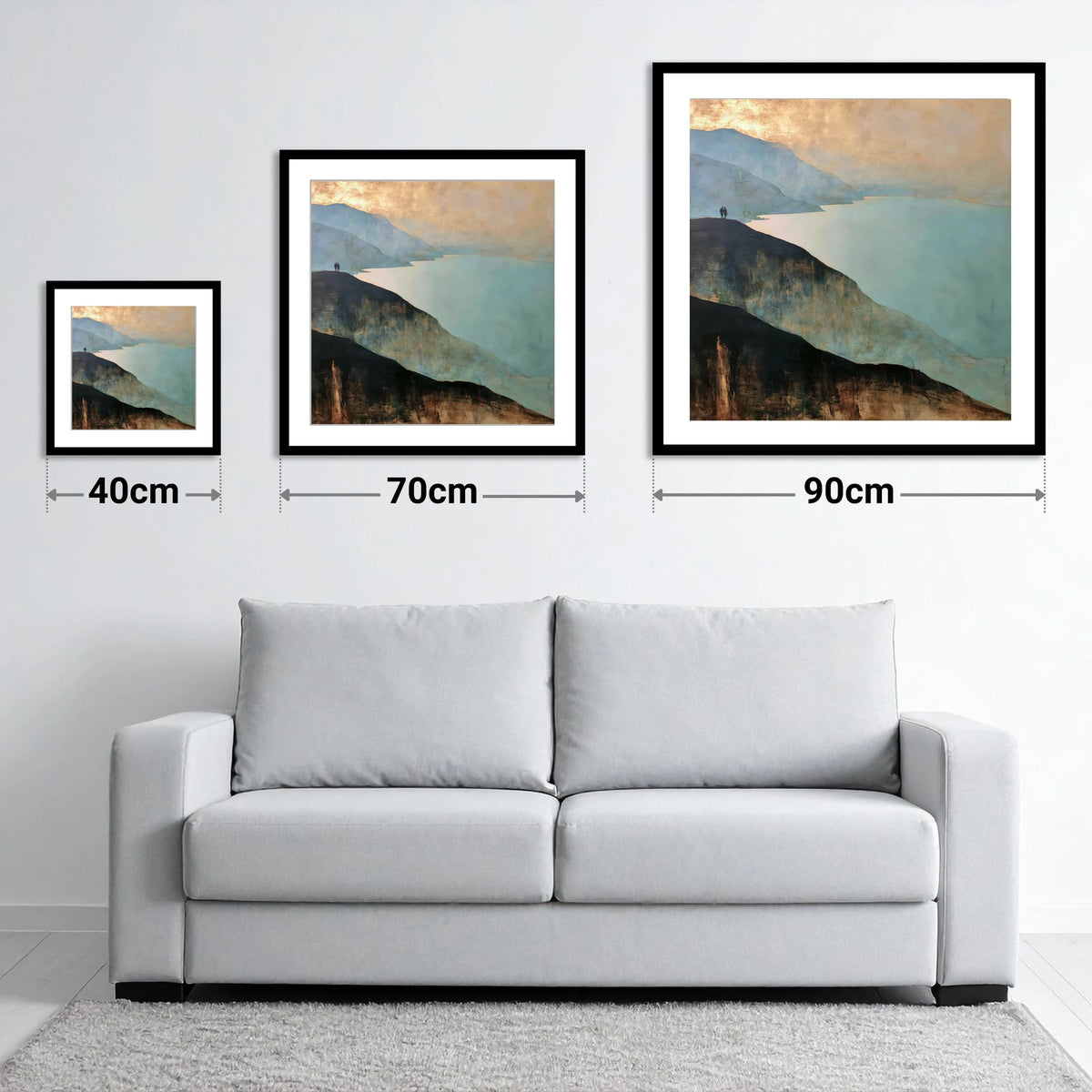 Walkers on Catbells Ridge - size guide showing 40cm, 70cm and 90cm art prints