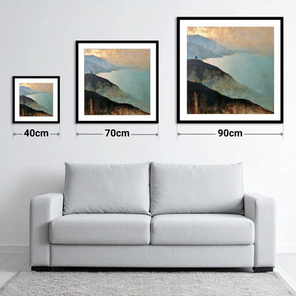 Walkers on Catbells Ridge - size guide showing 40cm, 70cm and 90cm art prints