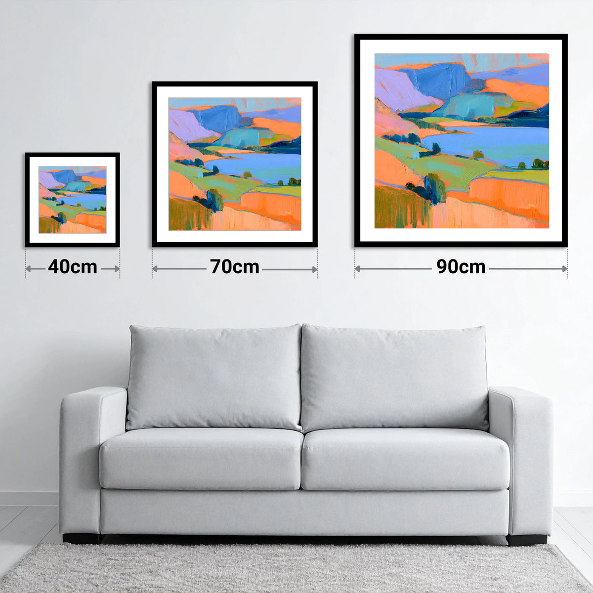 Vibrant Fells And Blue Lake - size guide showing 40cm, 70cm and 90cm art prints