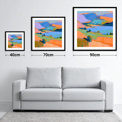 Vibrant Fells And Blue Lake - size guide showing 40cm, 70cm and 90cm art prints