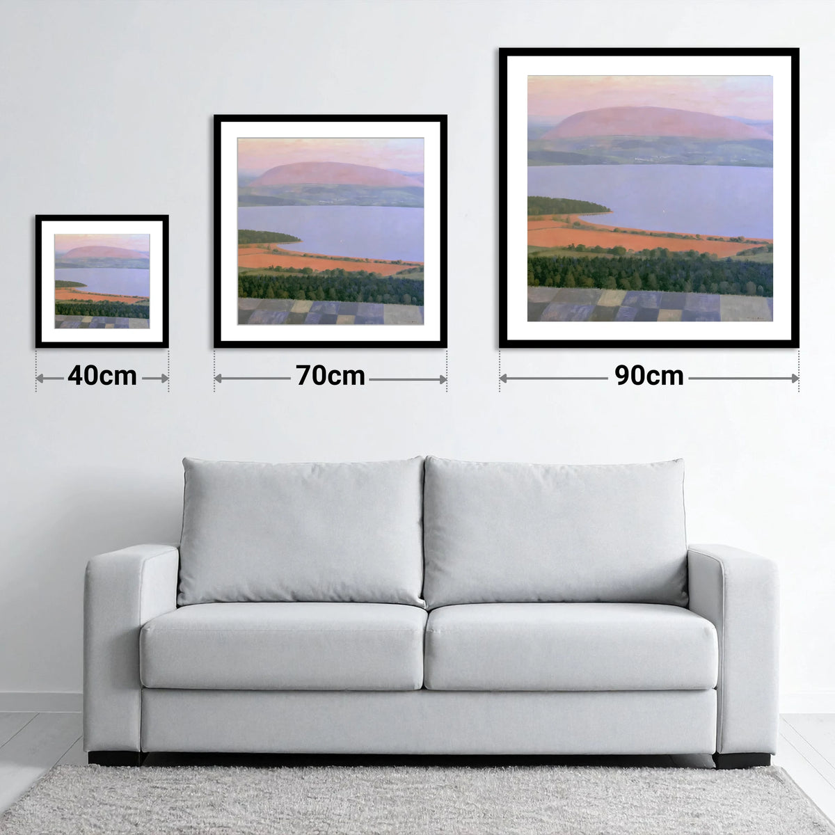 Bassenthwaite Lake in Pastel Light - size guide showing 40cm, 70cm and 90cm art prints