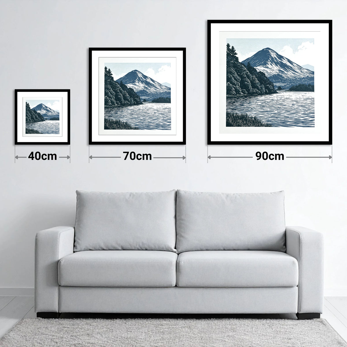 Catbells in Slate and Navy - size guide showing 40cm, 70cm and 90cm art prints