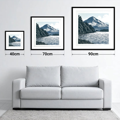 Catbells in Slate and Navy - size guide showing 40cm, 70cm and 90cm art prints
