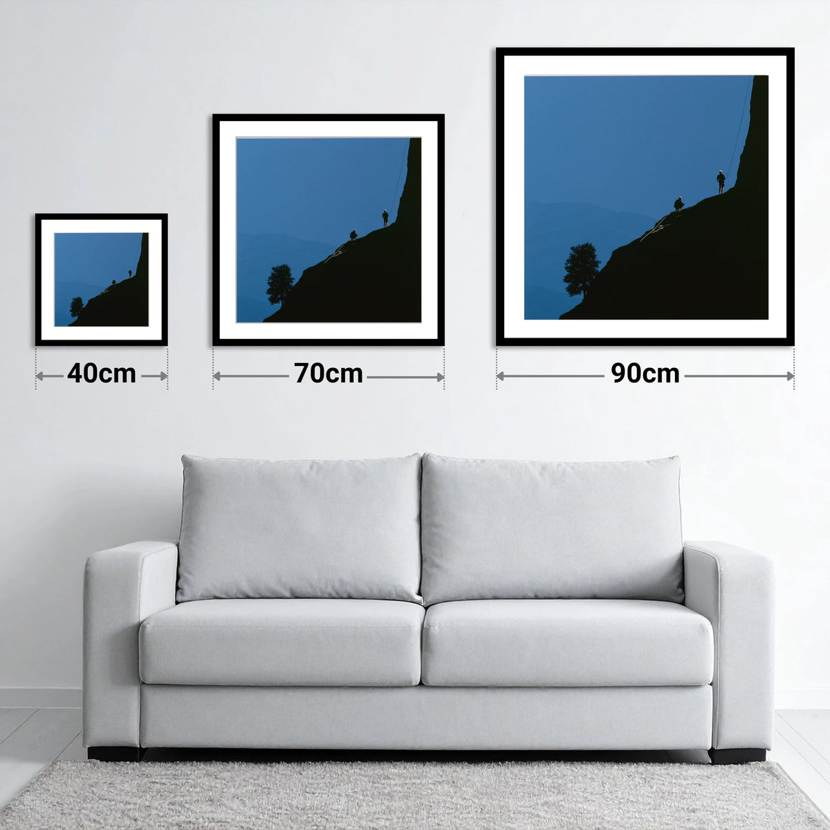 Midnight Blue Crag Ascent Silhouette - size guide showing 40cm, 70cm and 90cm art prints