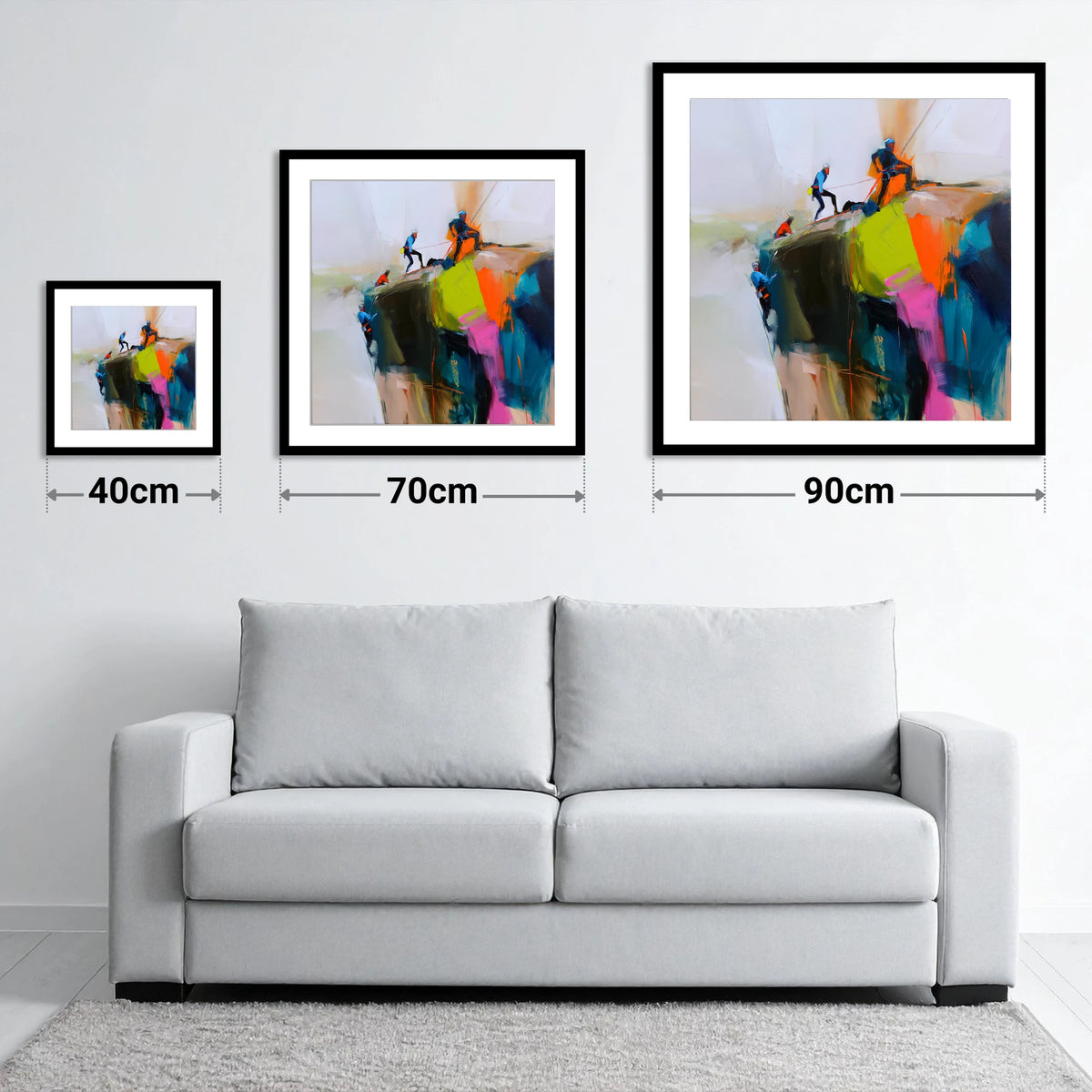 Crag Climbers in Vibrant Colour - size guide showing 40cm, 70cm and 90cm art prints