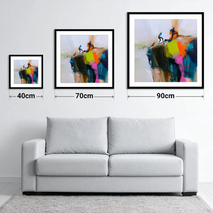 Crag Climbers in Vibrant Colour - size guide showing 40cm, 70cm and 90cm art prints
