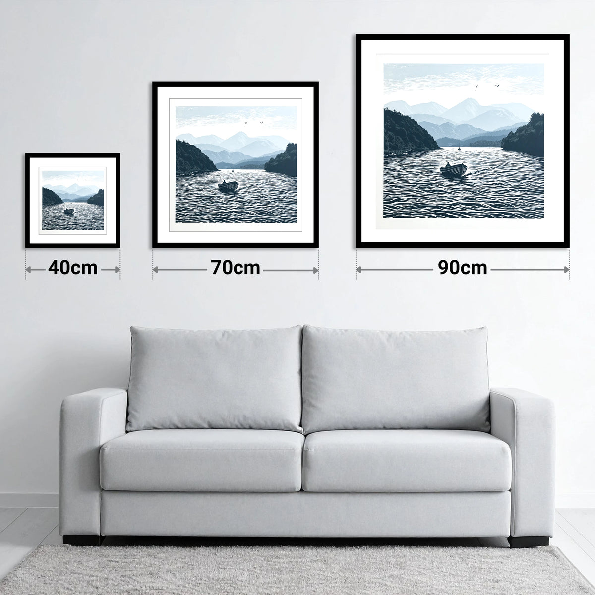 Coniston Water in Deep Navy - size guide showing 40cm, 70cm and 90cm art prints