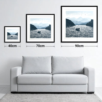 Coniston Water in Deep Navy - size guide showing 40cm, 70cm and 90cm art prints