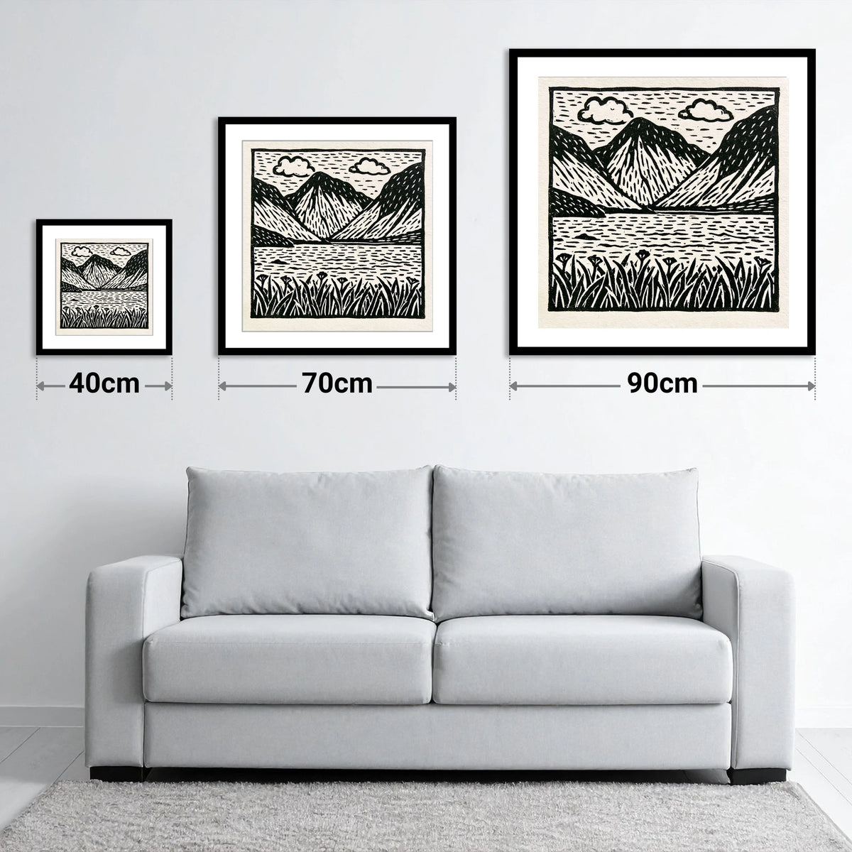 Black and White Wasdale Valley - size guide showing 40cm, 70cm and 90cm art prints