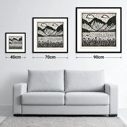 Black and White Wasdale Valley - size guide showing 40cm, 70cm and 90cm art prints