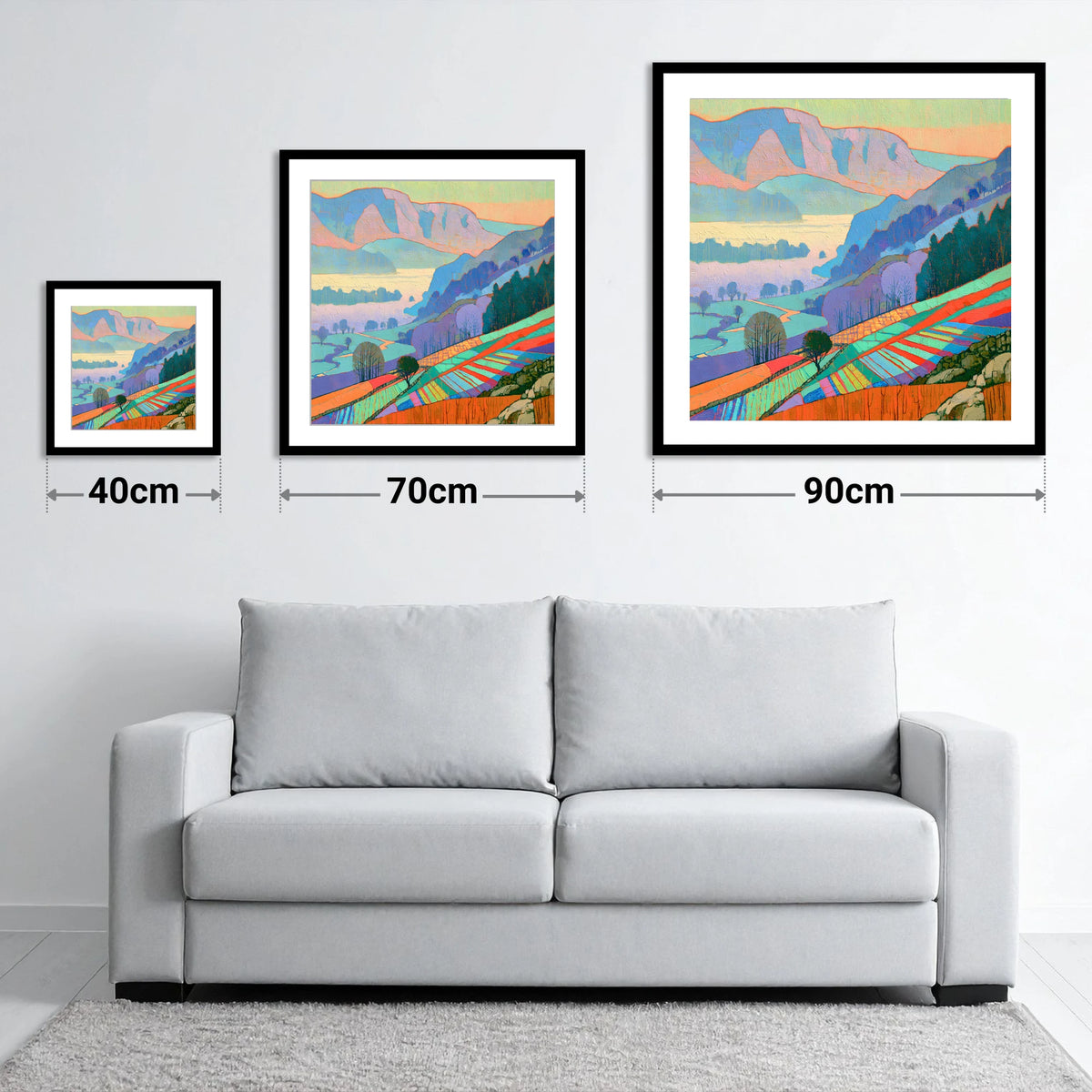 Vivid Morning Valley Mist - size guide showing 40cm, 70cm and 90cm art prints