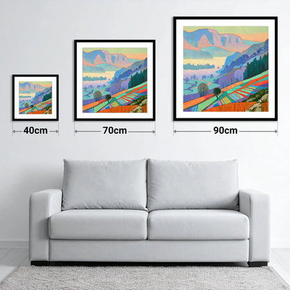 Vivid Morning Valley Mist - size guide showing 40cm, 70cm and 90cm art prints
