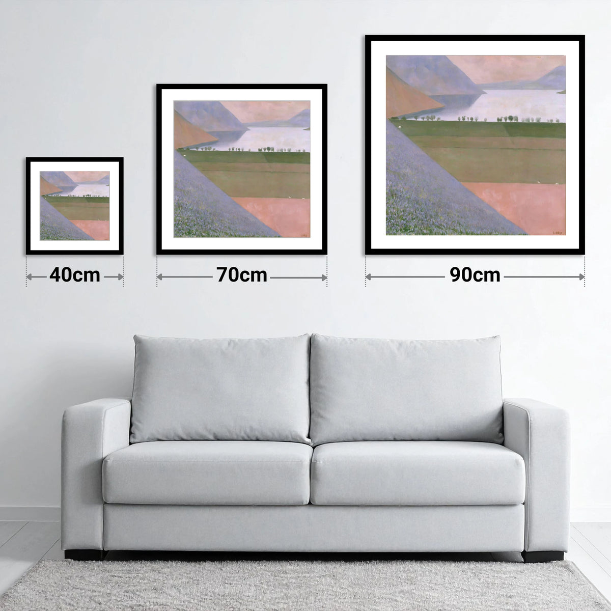 Rannerdale Fellside Over Crummock Water - size guide showing 40cm, 70cm and 90cm art prints
