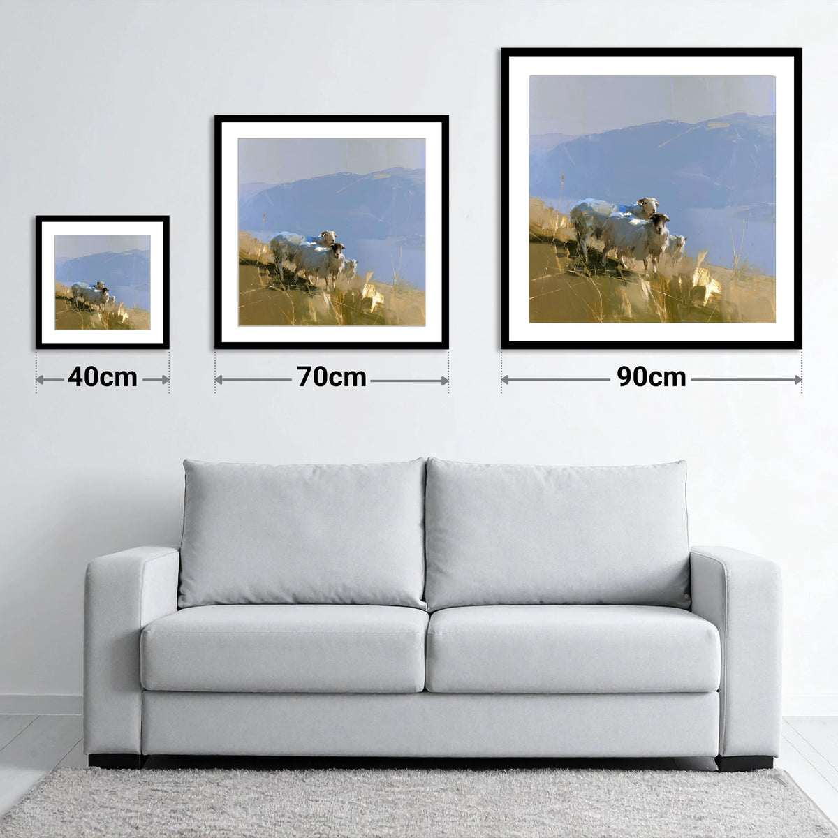 Herdwick Sheep on Golden Fells - size guide showing 40cm, 70cm and 90cm art prints