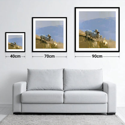 Herdwick Sheep on Golden Fells - size guide showing 40cm, 70cm and 90cm art prints