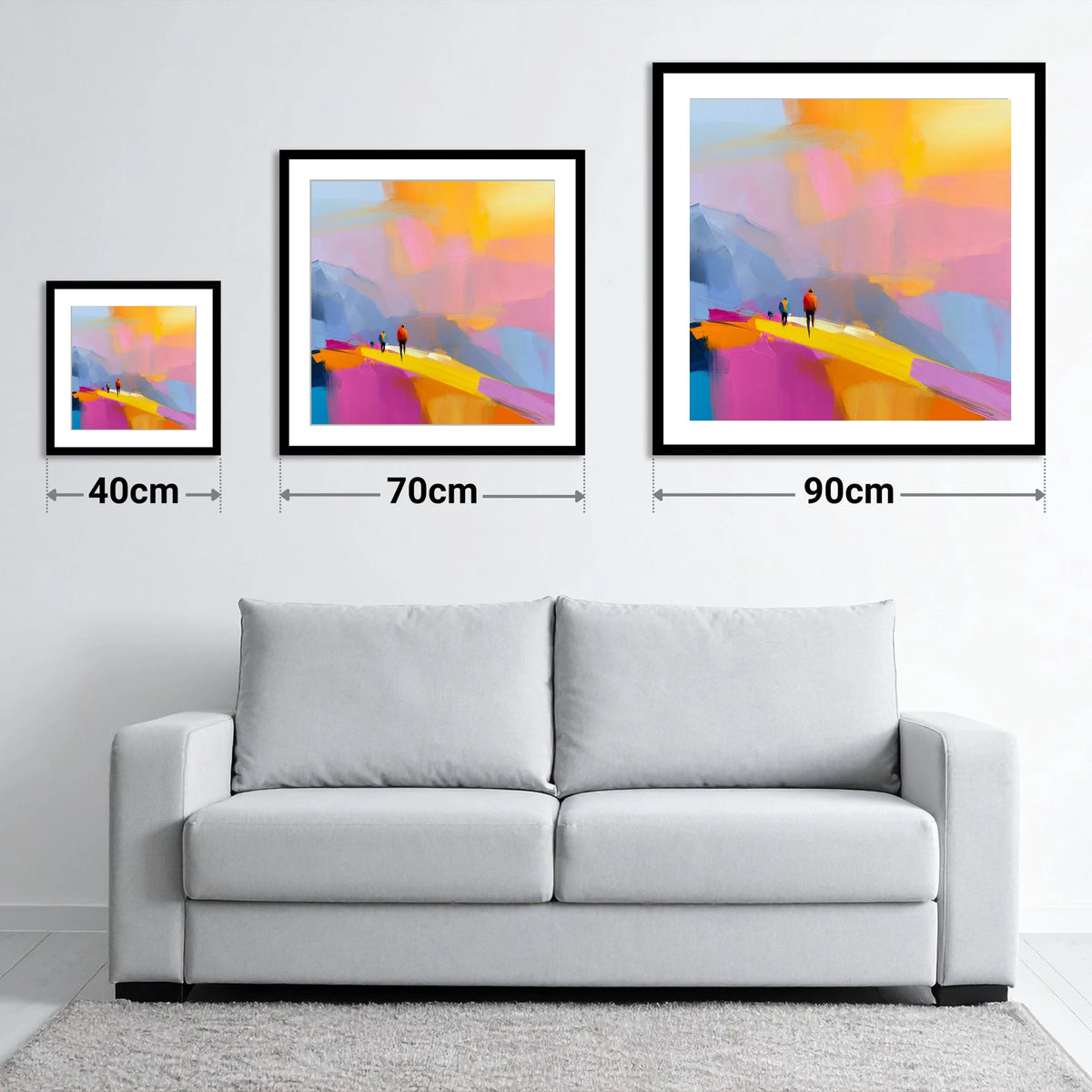 Fell Walkers on Vivid Ridge - size guide showing 40cm, 70cm and 90cm art prints