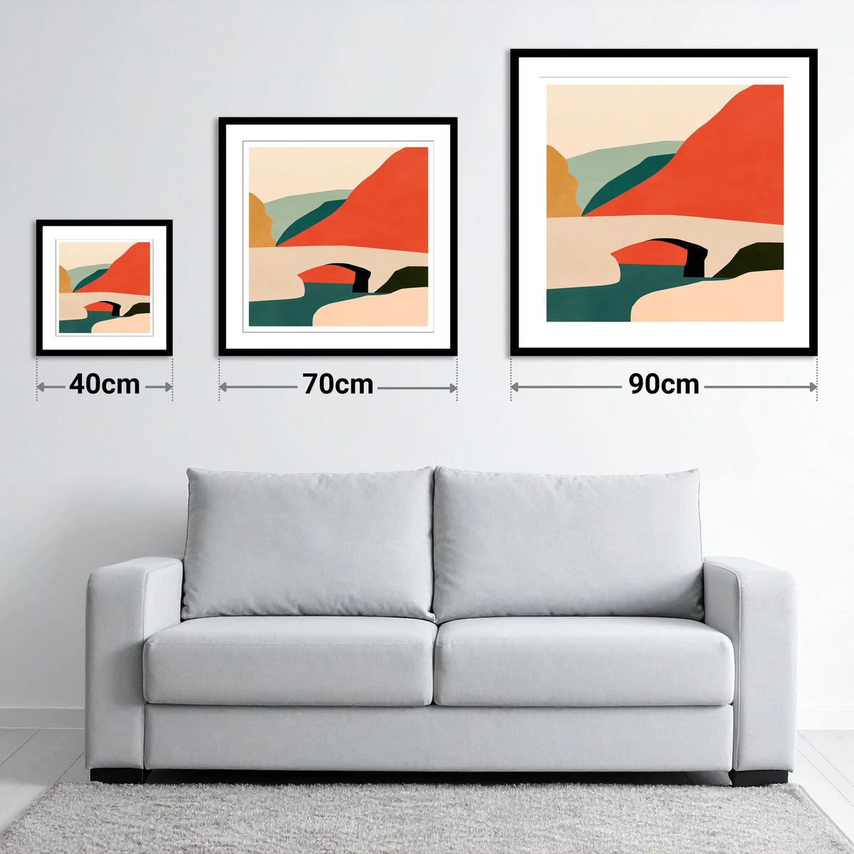 Stone Bridge and Terracotta Fells - size guide showing 40cm, 70cm and 90cm art prints