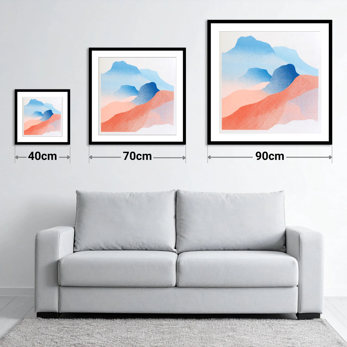 Coral and Blue Langdale Pikes - size guide showing 40cm, 70cm and 90cm art prints