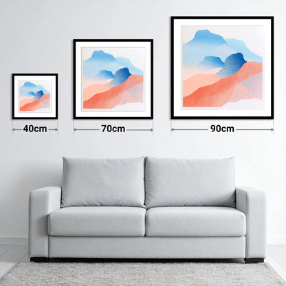 Coral and Blue Langdale Pikes - size guide showing 40cm, 70cm and 90cm art prints