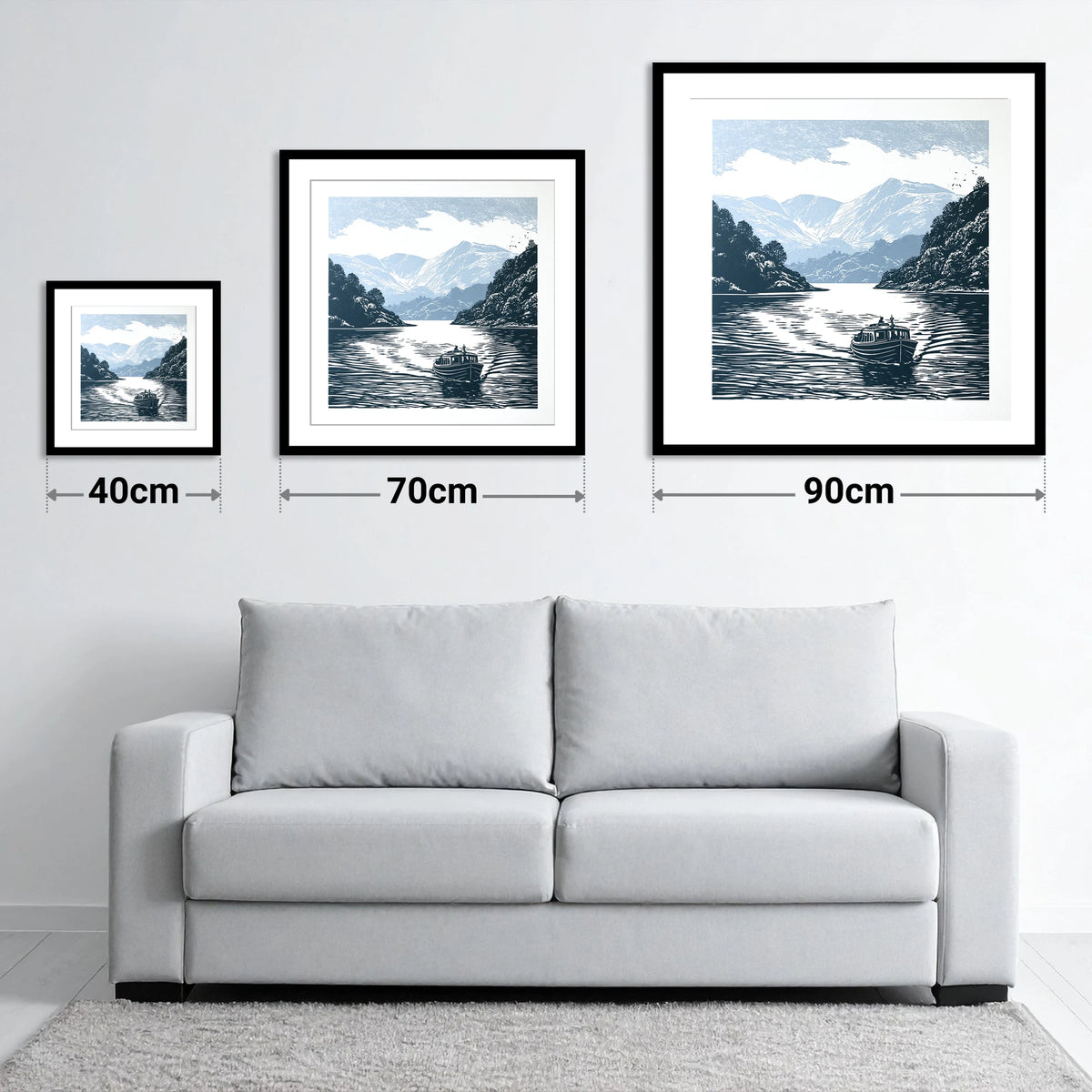 Coniston Water Launch in Navy - size guide showing 40cm, 70cm and 90cm art prints