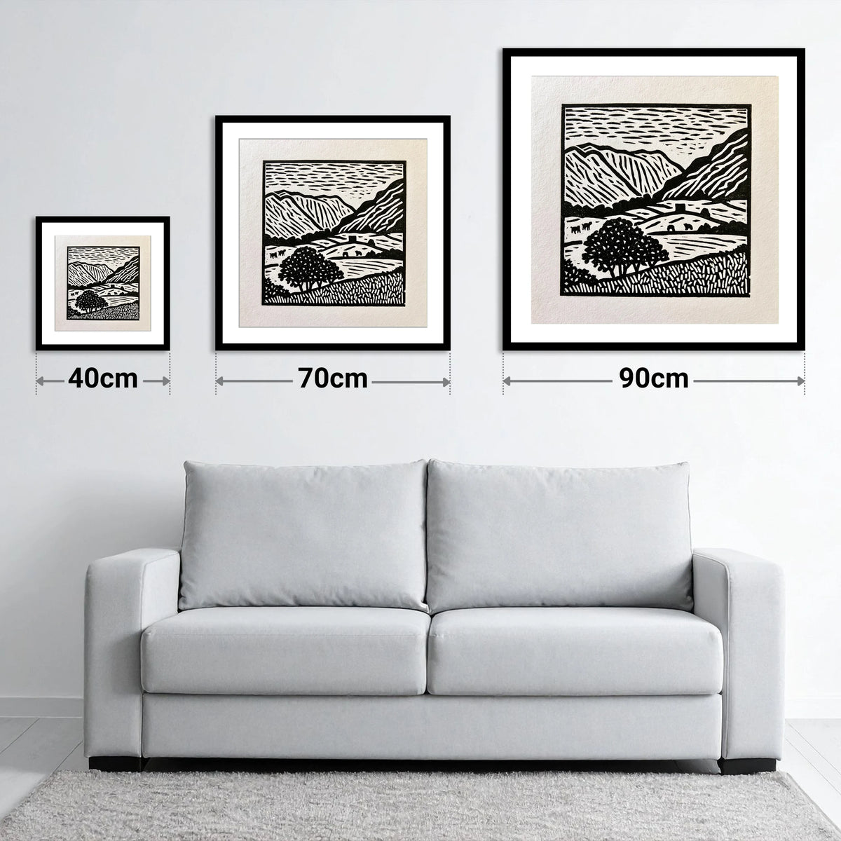 Monochromatic Borrowdale Valley Landscape - size guide showing 40cm, 70cm and 90cm art prints