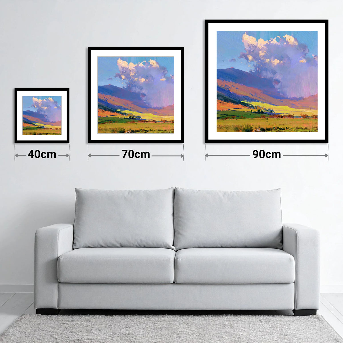 Vivid Fells Under Passing Shower - size guide showing 40cm, 70cm and 90cm art prints