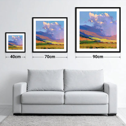 Vivid Fells Under Passing Shower - size guide showing 40cm, 70cm and 90cm art prints