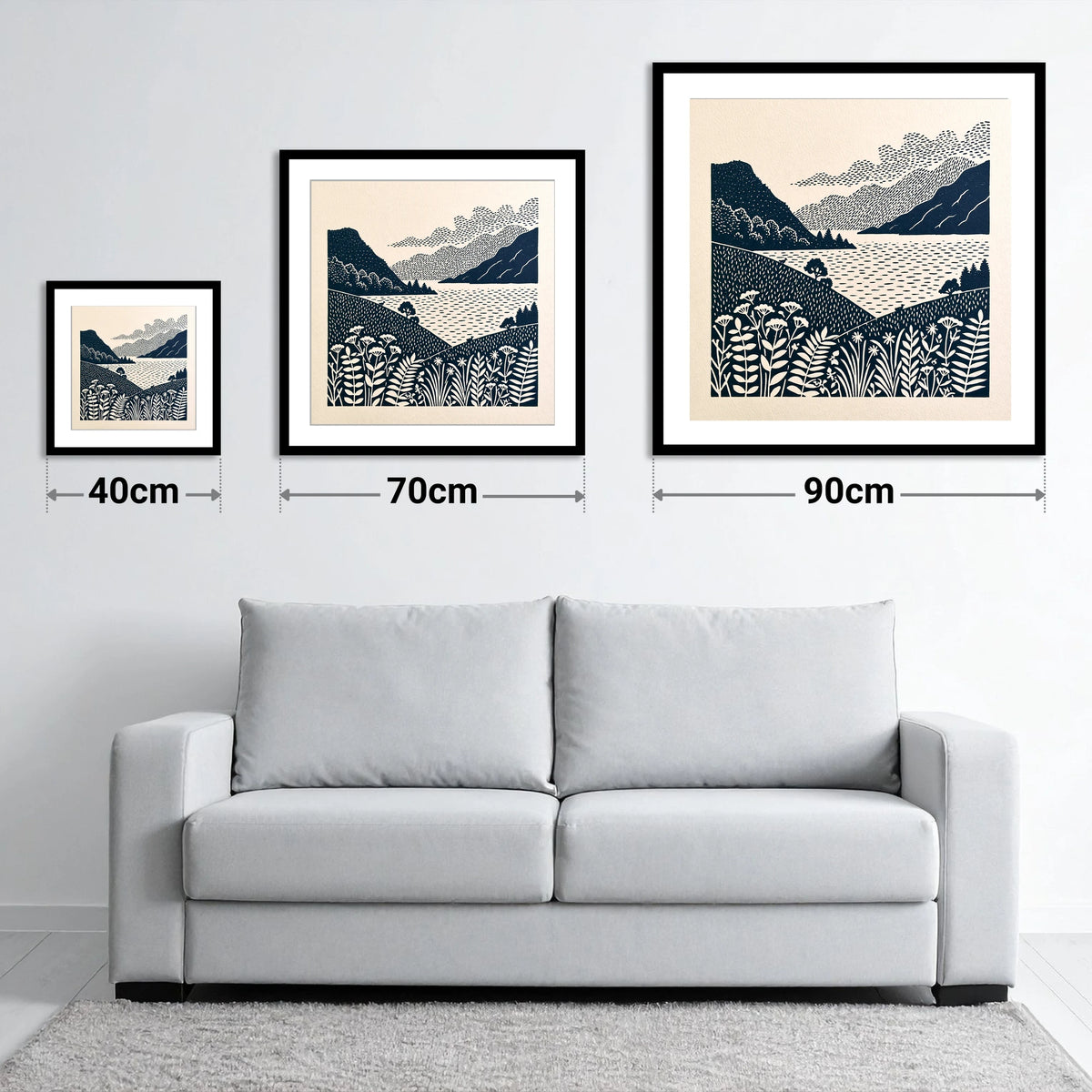 Graphic Ullswater and Layered Fells - size guide showing 40cm, 70cm and 90cm art prints