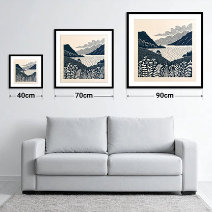 Graphic Ullswater and Layered Fells - size guide showing 40cm, 70cm and 90cm art prints
