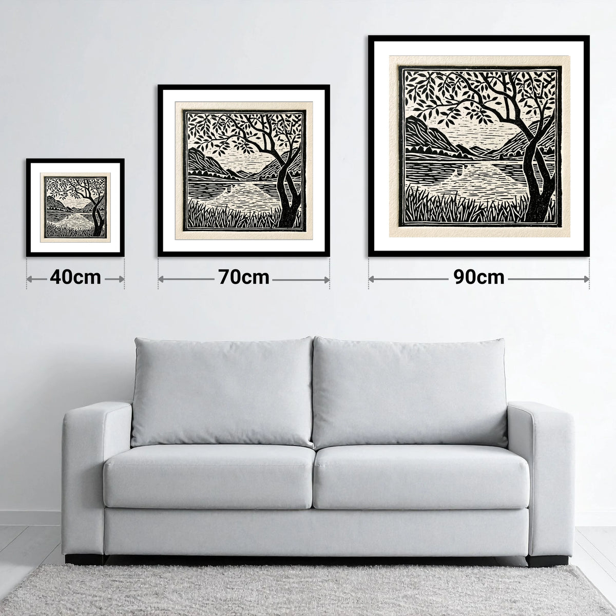 Still Dawn Lake in Monochrome - size guide showing 40cm, 70cm and 90cm art prints