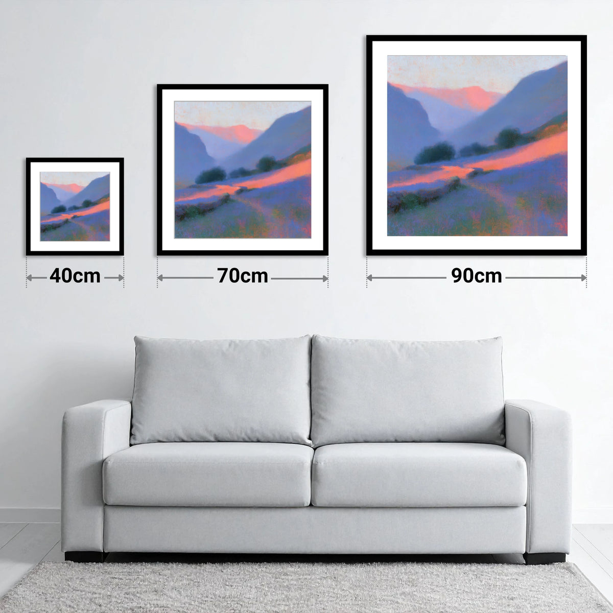 Pink Light Over Valley Drystone Wall - size guide showing 40cm, 70cm and 90cm art prints