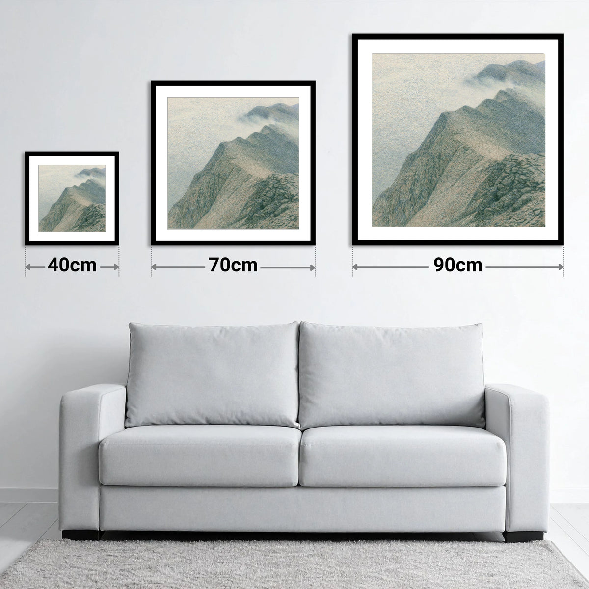 Textured Mountain Ridge in Mist - size guide showing 40cm, 70cm and 90cm art prints