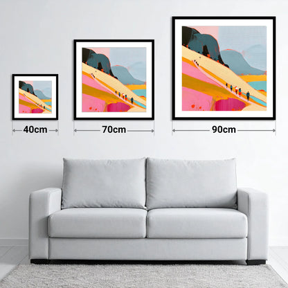 Vibrant Mountain Path Walkers - size guide showing 40cm, 70cm and 90cm art prints