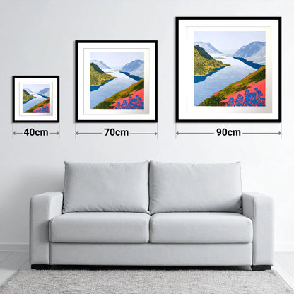 Graphic Lake And Fells In Coral - size guide showing 40cm, 70cm and 90cm art prints