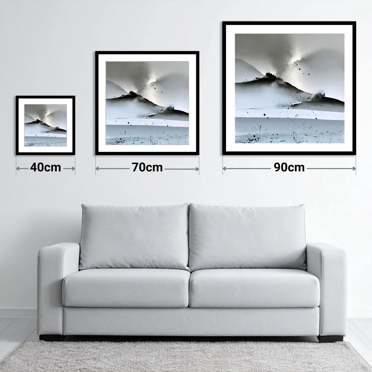 Monochrome Lake District Evening Fells - size guide showing 40cm, 70cm and 90cm art prints