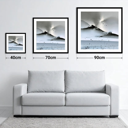 Monochrome Lake District Evening Fells - size guide showing 40cm, 70cm and 90cm art prints