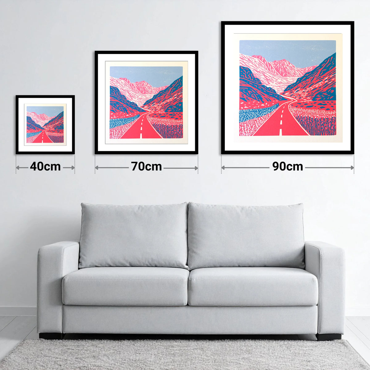 Vibrant Honister Pass Road - size guide showing 40cm, 70cm and 90cm art prints