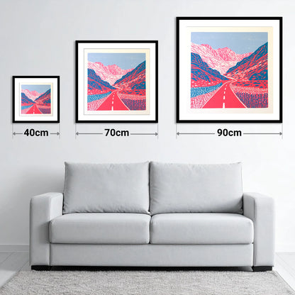 Vibrant Honister Pass Road - size guide showing 40cm, 70cm and 90cm art prints