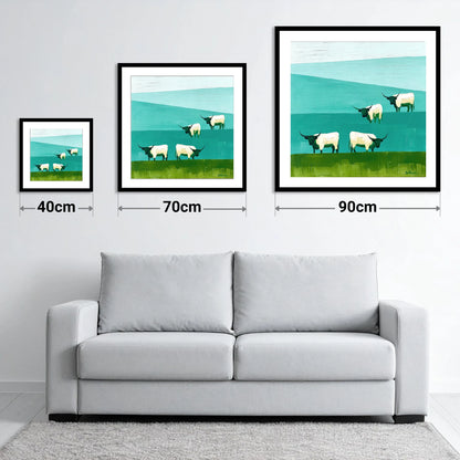Highland Cattle Against Teal Fells - size guide showing 40cm, 70cm and 90cm art prints