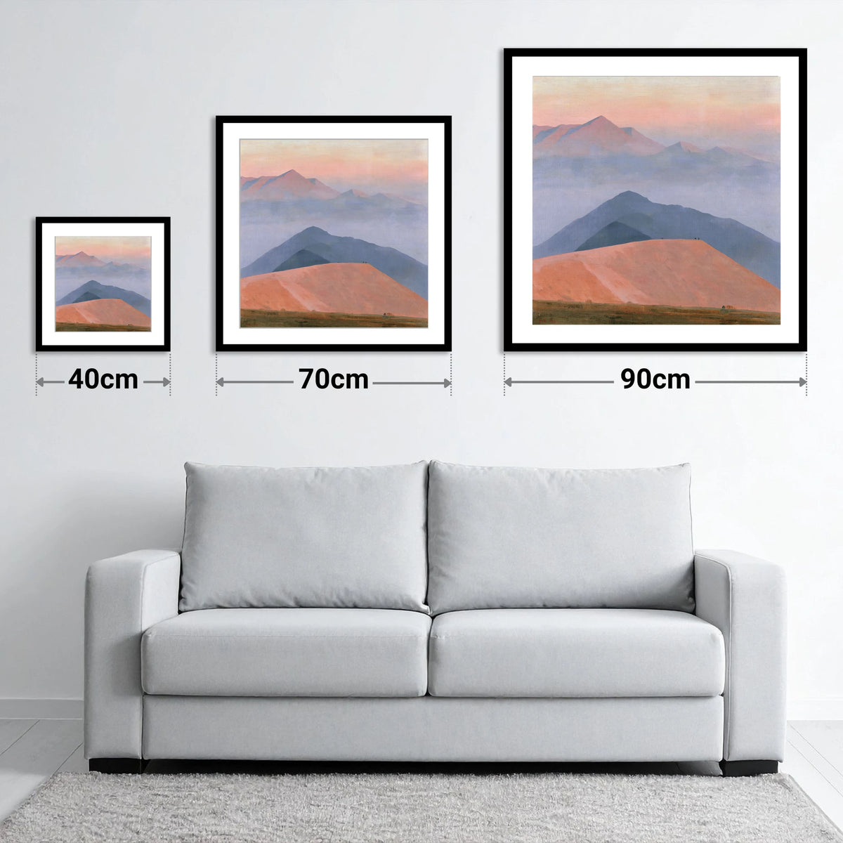 Fell Summit in Lavender Haze - size guide showing 40cm, 70cm and 90cm art prints