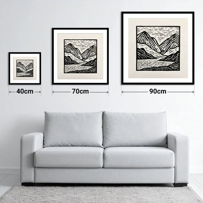 Lake and Fells in Monochrome - size guide showing 40cm, 70cm and 90cm art prints